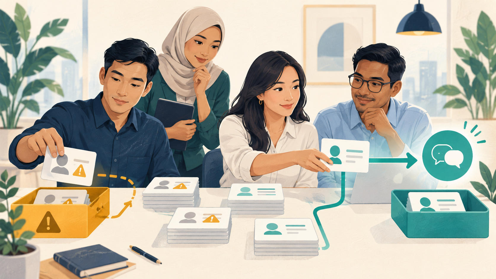 Illustration of a team reviewing enquiry cards and separating uncertain submissions from genuine sales conversations.