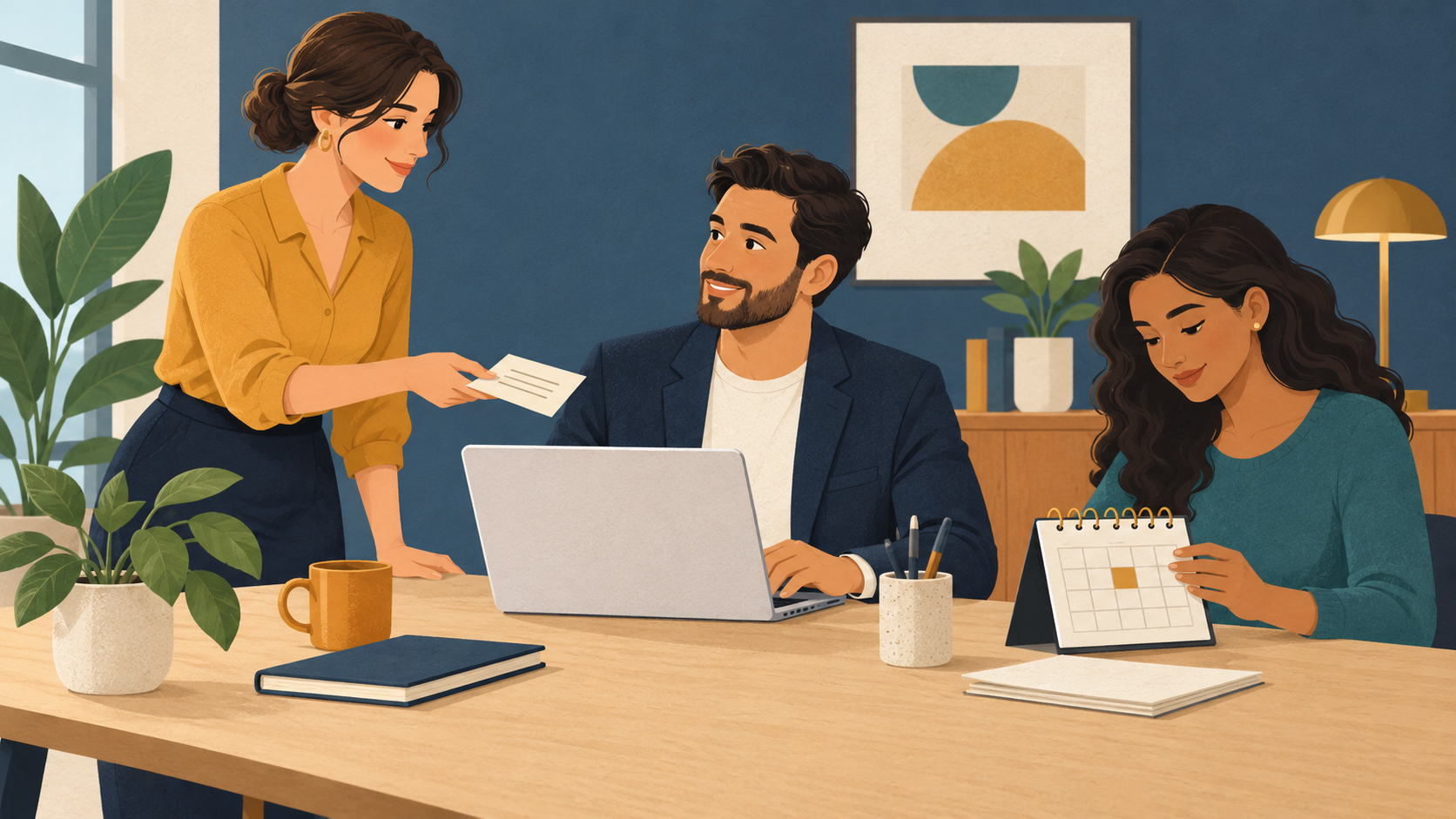 Illustration of three colleagues recording a next action and reviewing an enquiry together.