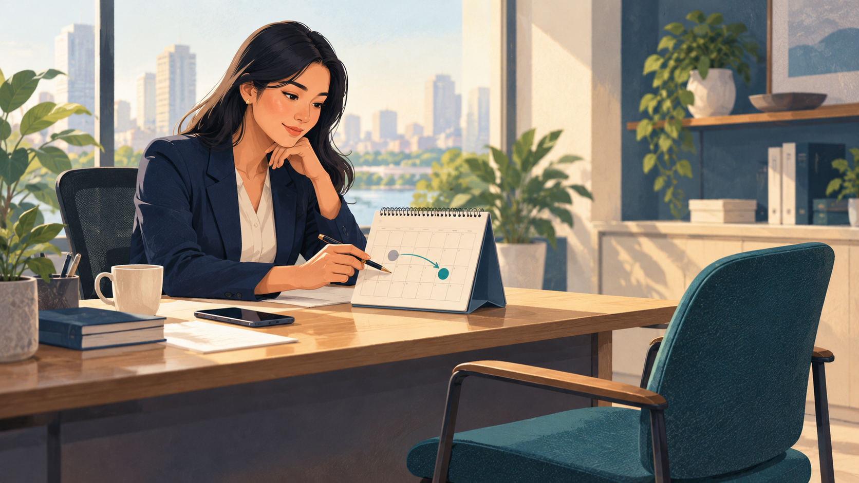 Illustration of a business adviser reviewing a paper calendar beside an empty visitor chair.